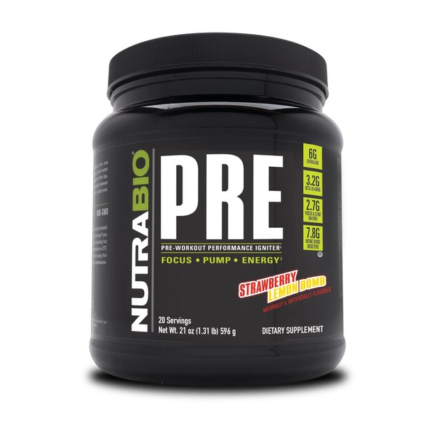 NutraBio PRE Workout Powder - Sustained Energy, Mental Focus, Endurance - Clinically Dosed Formula - Beta Alanine, Creatine, Caffeine, Electrolytes - 20 Servings - Strawberry Lemon Bomb