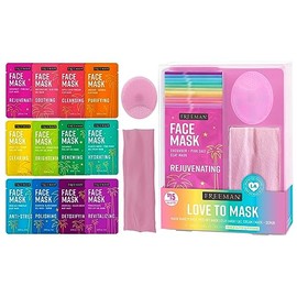 Freeman 14 Piece Love To Mask Variety Pack, Facial Masks For All Skin Types, Hydrate, Detoxify, & Clear Skin, Exfoliating Scrub, Bonus Headband and Bu