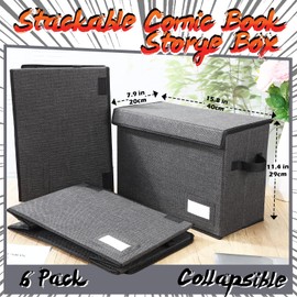 Chuangdi 6 Pcs Comic Book Storage Boxes, Collapsible Comic Short Box Case with Lid, 15.8 x 7.9 x 11.4 Inch Book Bin Container Holds 150 Comics (Charcoal Gray)