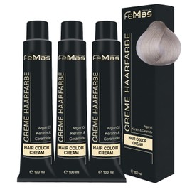 FemMas Hair Colour, Professional Cream Hair Colour with Argan Oil, Keratin & Ceramides, as Permanent Hair Colouring or Tint for Radiant, Durable Colour Results, 3x Platinum Blonde Ash 11.1, 100 ml