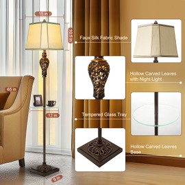 Rustic Floor Lamp for Living Room with Nightlight and Glass Tray, Vintage Standing Lamp with Beige Faux Silk Shade, Farmhouse Tall Lamp for Bedroom Study Home Office Hotel Bar - Brown (Bulb Included)