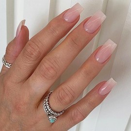 Medium Square Press on Nails Nude Fake Nails with Glossy Designs Full Cover Stick on Nails Gradient Nude Pink Coffin False Nails Acrylic Salon Manicure Reusable Glue on Nails for Women 24pcs