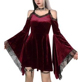 TSMNZMU Gothic Velvet Halter Dress Long Flare Sleeve High Waist Fairy Lolita Dresses Punk Grunge Vintage Vampire