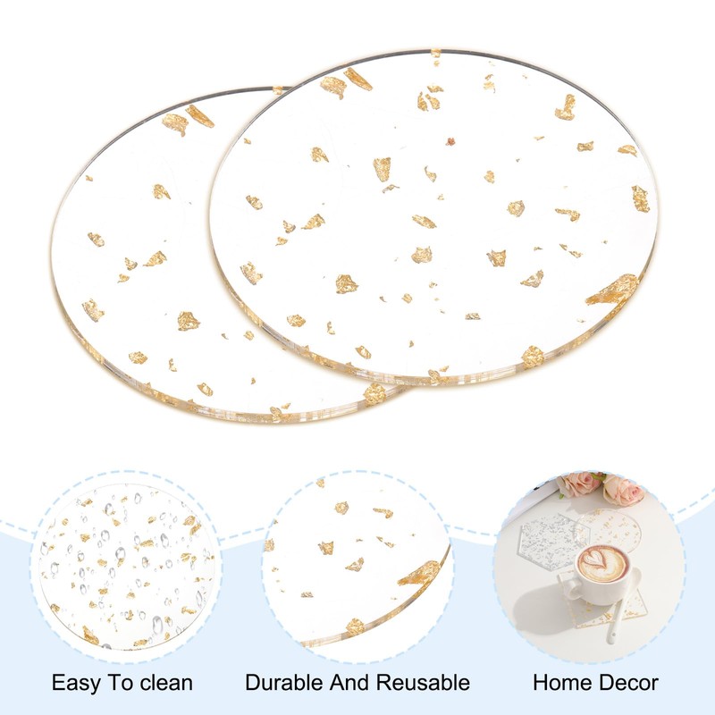 sourcing map 2pcs Gold Foil Acrylic Cup Coaster, Round Acrylic
