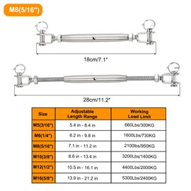 sourcing map 4Pcs M8(5/16") Closed Body Jaw and Jaw Turnbuckles Wire Rope Tension, Stainless Steel Turnbuckle Adjustable Cable Tensioner for Shade Sail Clothesline, 2100lbs Working Load Limit