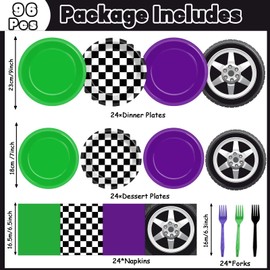 96Pcs Monster Truck Party Supplies Green Purple Monster Truck Birthday Party Plates and Napkins Black and White Checked Dinner Dessert Plates Tableware Set for Kids Boys Racing Car Birthday Serves 24