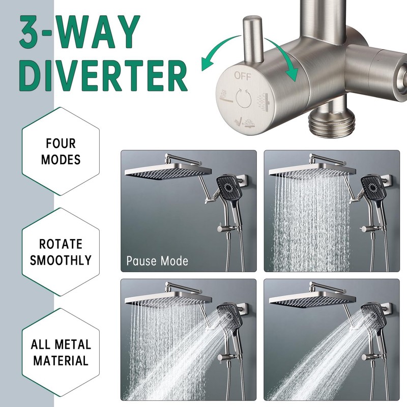 13-Inch Shower Heads with Multi-Function Handheld Sprayer Combo, 3-Way Metal