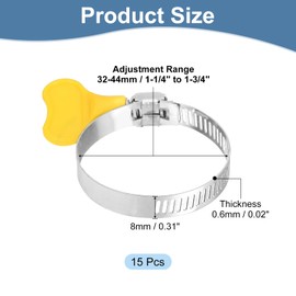 uxcell 15Pcs Stainless Steel Hose Clamps, 32-44mm (1-1/4" to 1-3/4"), Yellow, Worm Gear, Adjustable Thumb Screw Key Type, Fuel Line Clamps, 8mm Bandwidth, Plumbing