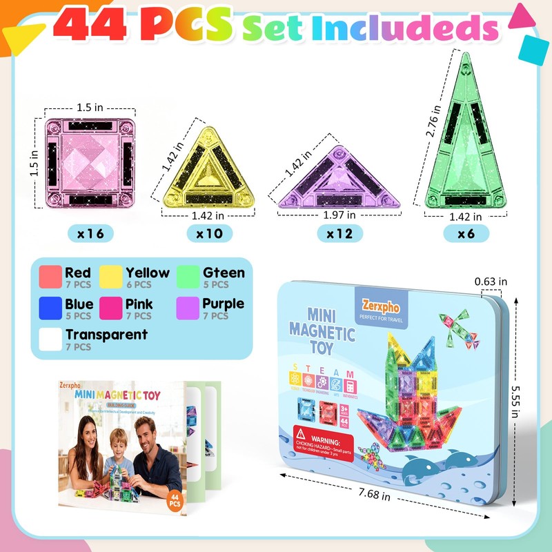 Zerxpho Mini Magnetic Tiles, 44PCS Portable Travel Magnetic Tiles Set