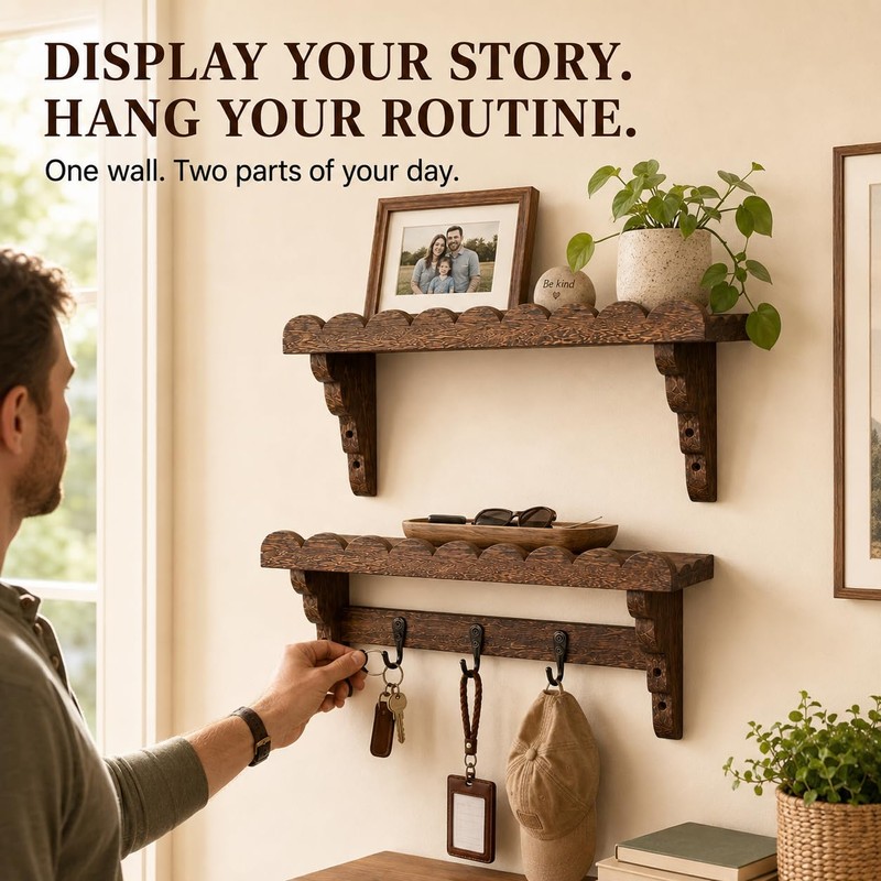 17-Inch Scalloped Rustic Wall Shelves Set of 2, Shelves for
