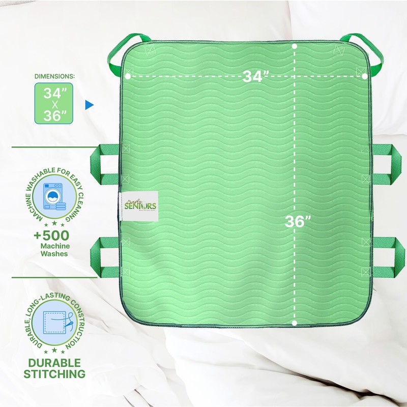 Absorbent Positioning Bed Pads for Elderly with Handles 34"x36"- Washable