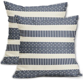 Navy Blue Striped Pillow Covers 18x18 Set of 2 Boho Stripe Pattern Print Cream White Decorative Throw Pillows Outdoor Modern Pillowcase Square Cushion Case for Home Sofa Couch Bed