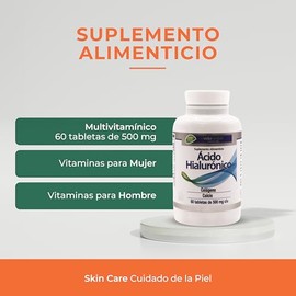 Acido Hialuronico - Suplementos Alimenticios Skin Care Cuidado de la Piel con Colageno y Calcio - Vitaminas para Mujer - Vitaminas para Hombre | Multi