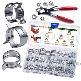 ASKWAY 108pcs Spring Pipe Clamps, With Spring Pipe Clamp Tools, 9 Sizes 6-18mm Spring Hose Clamps, Used To Fix Hose Interfaces In Automotive, Marine, Gardening, Industrial Applications (1, Silvery)