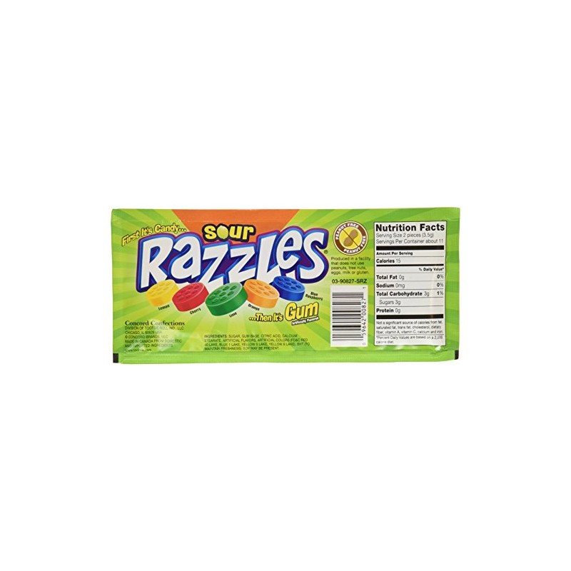 Sour Razzles Candy, 1.4oz Pouches, 24-Count