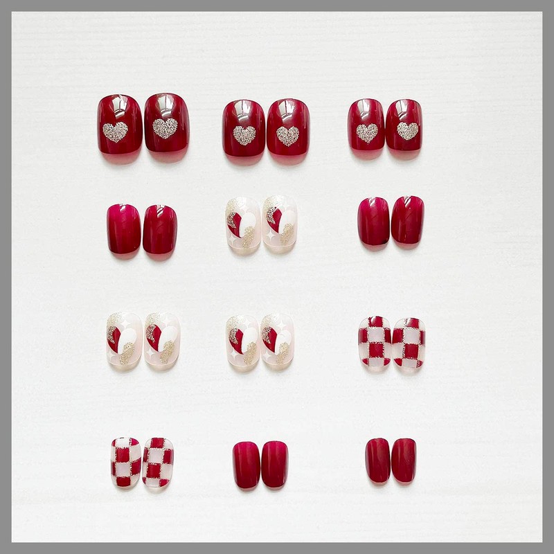 Wedding 24 Pieces Claret Short Chess Love False Nail Pearl