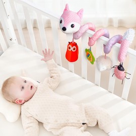 Koty Car Seat Toy Toddler Baby Spiral Plush Activity Hanging Stroller Bar Pram Crib Cot with Music Box BB Squeaker and Rattles (Pink Fox)
