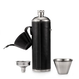 GENNISSY 10oz Black Bucket Hip Flask - PU Leather Stainless Steel Men Flasks for Liquor with Funnel and Cups