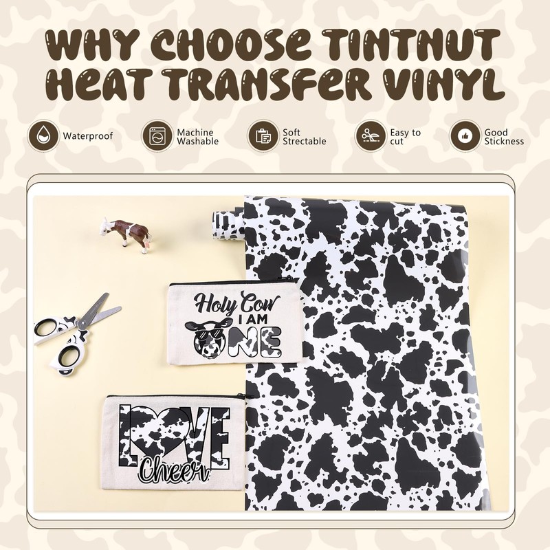 Tintnut Black White Cow Print Permanent Vinyl,12" x5ft Self Adhesive