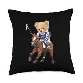 Cool Teddy Bear Playing Horse Polo Game Illustration Graphic Throw Pillow