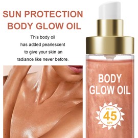 Body Glow Oil, Sunscreen Shimmer Oil, SPF 45 Broad Spectrum, Body Oil with with Coconut Oils, Moisturizing Glow for Face & Body, Liquid Illuminator Highlighter, Water Resistant, 3.72 fl oz (#02 ROSE)