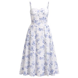OBEEII Floral Corset Dress Womens Spaghetti Straps Low Cut Bustier Midi Dress with Pockted Flowy A-line Tea Party Dress Cottage core Summer Sundress Blue Floral S