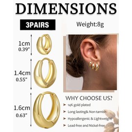 ZEXIJOW 3 Paar Creolen Gold für Damen,14 Karat vergoldete Creolen,Leichte Ohrringe,Hypoallergene silberne Creolen,Kleine Creolen für mehrere Löcher,Geeignet für Damen