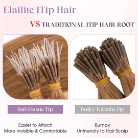 Elailite I Tip Hair Extensions Human Hair Elastic Itip Real Remy Hair Light Brown 16 Inch 50G 50Strands Straight Pre Bonded Keratin Fusion Human Hair Extensions