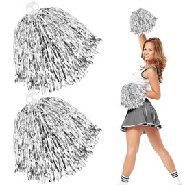 Cheerleader Pompoms with Double Hole Pompoms Cheerleading Cheerleader Pompoms Hand Flowers Pompoms Cheerleader for Sports Events Dance Party Ball Games Carnival Parties Used 2 Pieces Silver