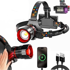 Linterna Frontal Recargable 500000 Lúmenes,12 Modos De Iluminación LED,Zoom,Ipx7 Impermeable,Sensor De Movimiento,Apta Para Correr,Camping,...        