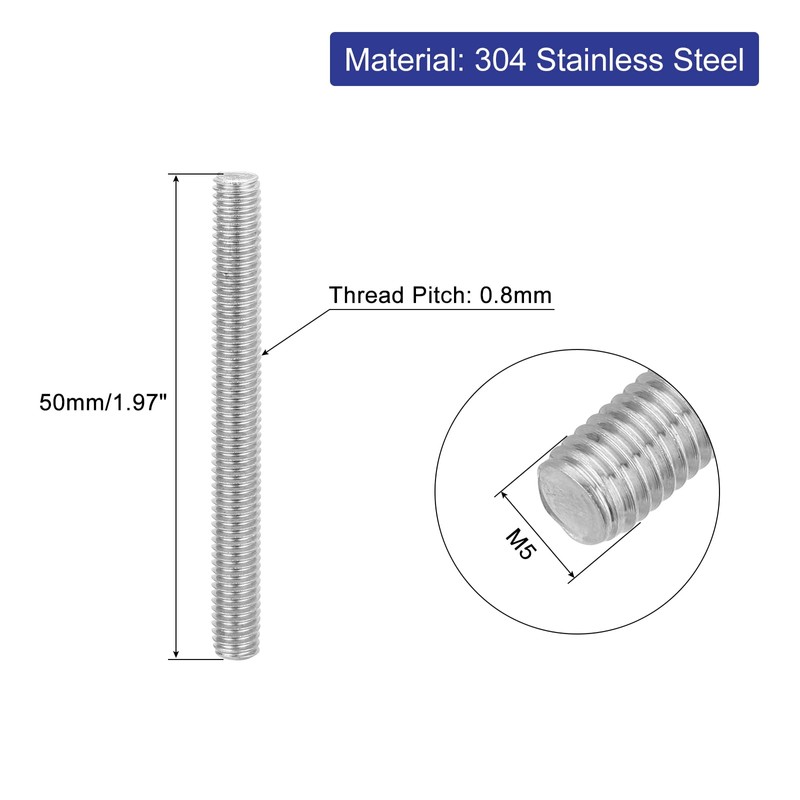 QUARKZMAN 8 Pieces Threaded Rods, M5 x 50 mm, 304