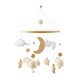 Animals Mobile Baby Wind Chimes, Star Moon Lamb Mobile Baby Wooden with Felt Balls, Mobile Baby Girl Bed Bell Pendant for Baby Cot Boys and Girls (White)