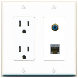 RiteAV Power Outlet and CAT6-SHIELDED RCA-BLUE Wall Plate Decorative [White]