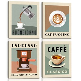 BINCUE 4-Piece Retro Coffee Canvas Pictures, Wall Art, Coffee Bar, Kitchen Wall Decoration, Cafe Coffee Cup, Coffee Beans, Breakfast Pictures Decoration for Home, Dining Room, Bakery, Coffee Shop, 20