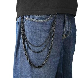 Ploofy Black Metal Wallet Chain for Jeans, Triple Layer Design, 3-Strand Biker Chain