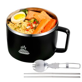 ZONJIE 1200ml Rapid Ramen Bowl with Filterable Lid - Stainless Steel Noodle Bowl with Spoon Chopsticks Rapid, Ramen Cooker Soup Bowls BPA Free with Handle, Portable Salad Pasta Bowl (Black)