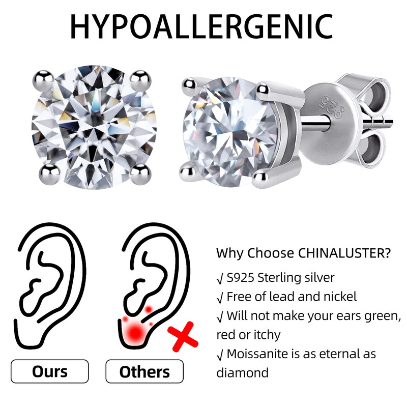 Moissanite Stud Earrings for Women Men, Nickel Free S925 Sterling