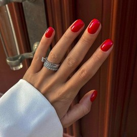 KQueenest Light Red Press On Nails Short Square - Acrylic Press On Nails Summer, Sheer Bright Fiery Short Fake Nails with Glue, Glossy Opaque, Reusable Soft Gel Glue on Nails for Women Gift, 24 Pcs