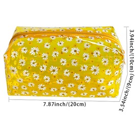 TotePrint 3 PCS Waterproof Portable Daisy Makeup Bag Clear Pouch for Travel,Clear Solid Makeup Bags with Zipper for Purse,Cosmetic Brush Bag,Pen Pouch (yellow+red+black)