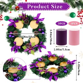 Hotop 5 Pcs Christmas Advent Wreath with Candle Holder Traditional Advent Wreath Candleholder Stand Set Xmas Wreath Decoration with 4 Advent Candles Pine Cone Garland for Church Centerpiece(Purple)