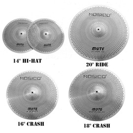 Low Volume Cymbal Pack Mute Set 14'Hihats+16"Crash+18'Crash+20"Ride 5 Pieces Silver Drummer Practice Quiet Cymbal for Drum Set
