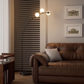 Lightdot 3 Globe Arc Floor Lamp for Living Room, Contemporary Black Arc Floor Lamp with Shatterproof Shade, LED Bulbs Included Mid Century Arched Floor Lamp for Bedroom & Home Office