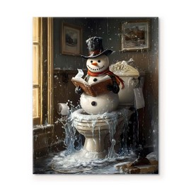 Christmas Canvas Wall Art Decor - Quirky Winter Scene with Snowman on Toilet Reading, Unique Holiday Decoration for Restroom, Festive Seasonal Artwork for Home or Office 24X30 inch