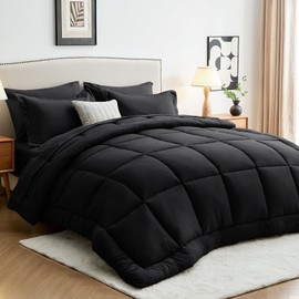 Sasttie Queen Comforter Set, Black 7 Pieces Bed in a Bag Queen, Complete Bedding Set Includes Comforter, Flat Sheet, Fitted Sheet, Pillowcases and Pillow Shams, Black