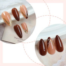 Almond Press on Nails Medium Fake Nails with Golden Lines Leaves French Tip Designs Nude Borwn Full Cover Acrylic Nails Press ons Glossy Glue Stick on Nails for Women 24 Pcs