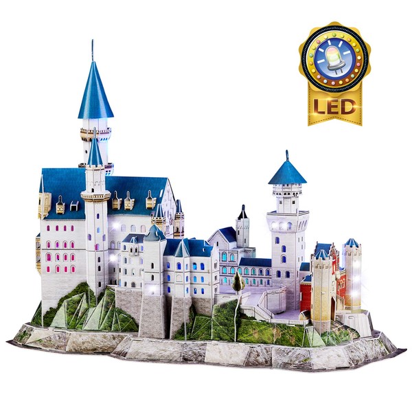 CubicFun 3D LED Castle Puzzles for Adults and Kids, Germany Architectures Building Model Kits Toys Gifts for Women and Men, Multi-Color Lights Neuschwanstein Castle 128 Pieces