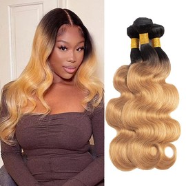 Human Hair Bundles Human Hair Body Wave 3 Bundles Human Hair 16 18 20 Inch Weave Bundles Human Hair 100% Unprocessed Brazilian Hair Bundles Human Hair Extension for Black Women（T1B/27）