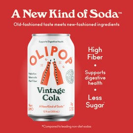 OLIPOP Prebiotic Soda Pop, Vintage Cola,Pantry Pack Packed with Prebiotics, Fiber, and Botanicals, Gluten Free, Vegan, GMO Free, 12oz (12-Cans)