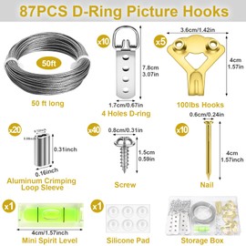 MAPVOLUT 88Pcs Picture Hanging Wire Kit, Christmas Decorations 50 Feet Heavy Duty Wire Picture Hanging for Photo Mirror Frame, up to 110lbs, Included D Ring Picture Hangers Screws Hanging Hooks, Nails