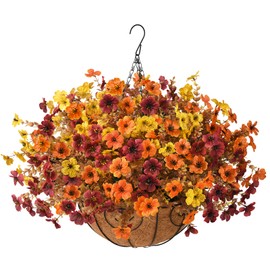 Fall Artificial Fake Hanging Baskets Flowers for Outdoors Decoration, Faux Silk Mums Plants UV Resistant Look Real Outside Yard Patio Front Porch Garden Balcony Autumn Home Decor (Orange Yellow Brown)